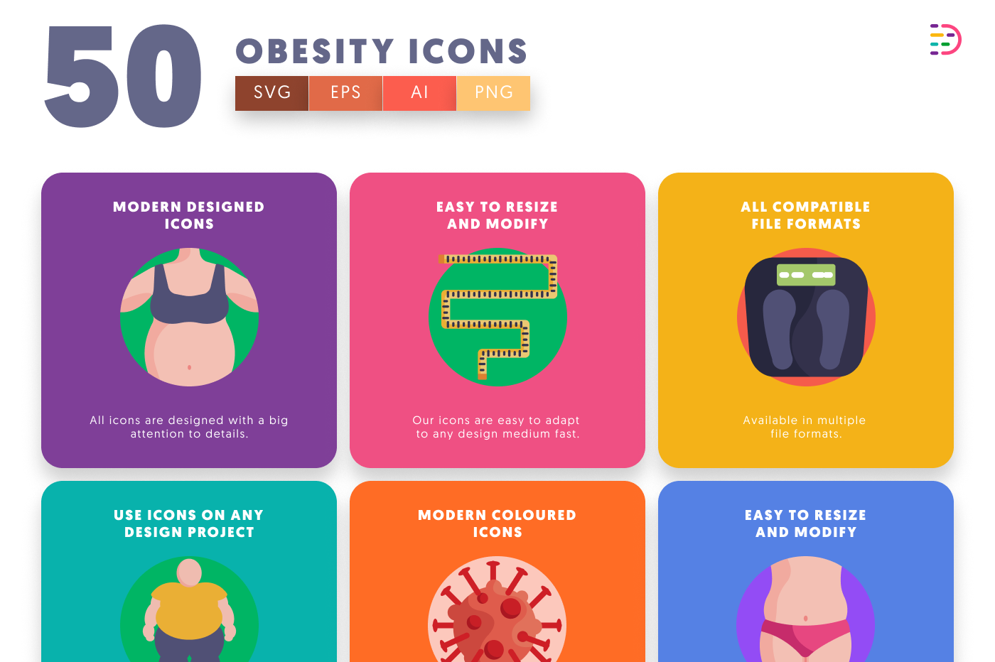 50 Obesity Icons preview 5 – flat circle icons in PNG, SVG and EPS