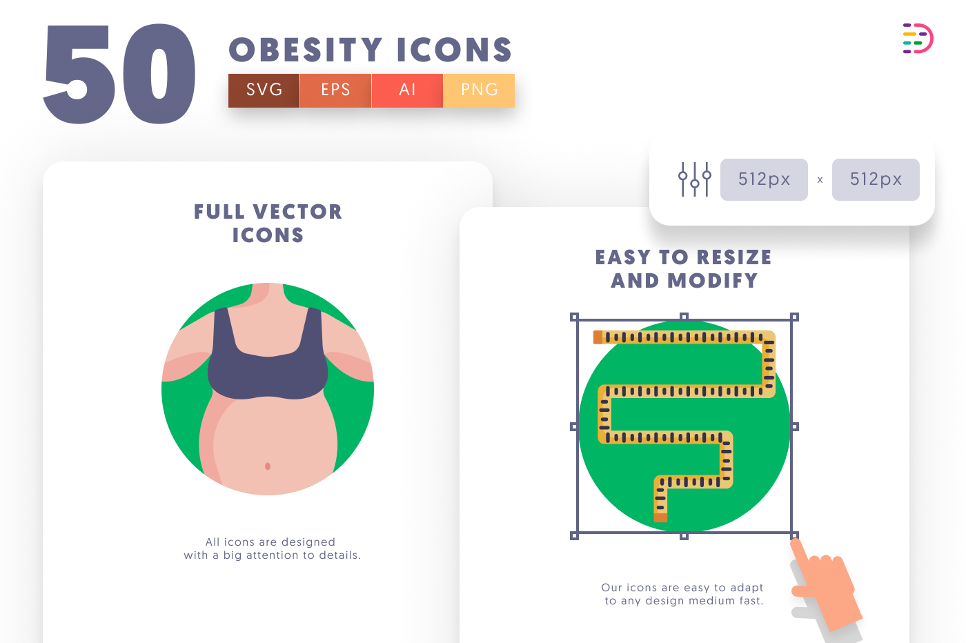 50 Obesity Icons preview 6 – flat circle icons in PNG, SVG and EPS