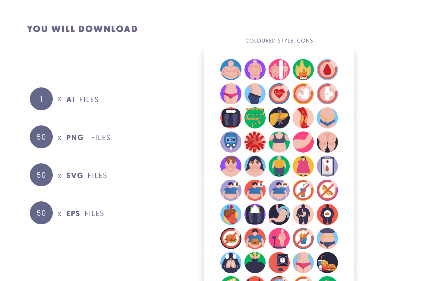 50 Obesity Icons preview 9 – flat circle icons in PNG, SVG and EPS