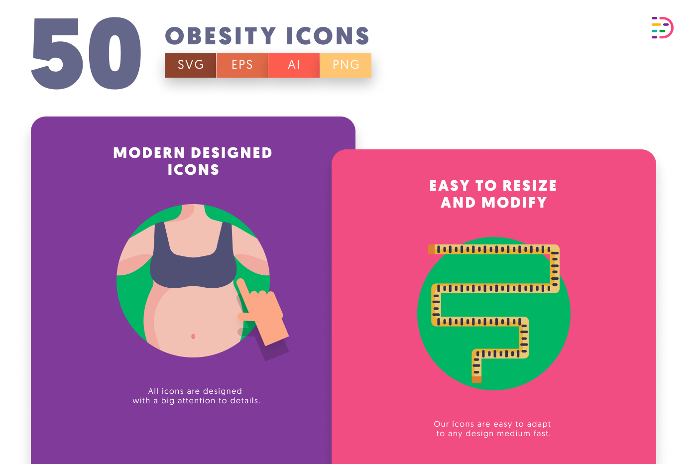 50 Obesity Icons cover – flat circle icons in PNG, SVG and EPS