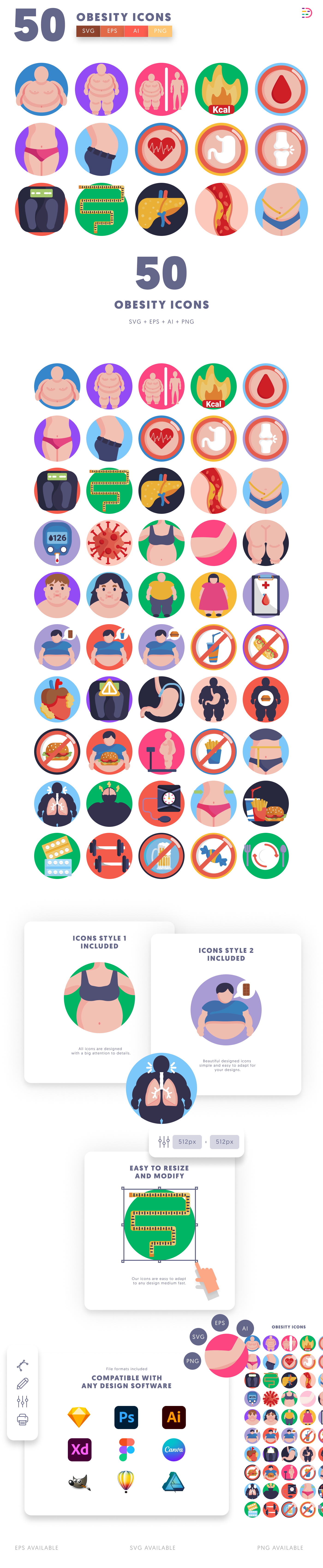 50 Obesity Icons cover – flat circle icons in PNG, SVG and EPS