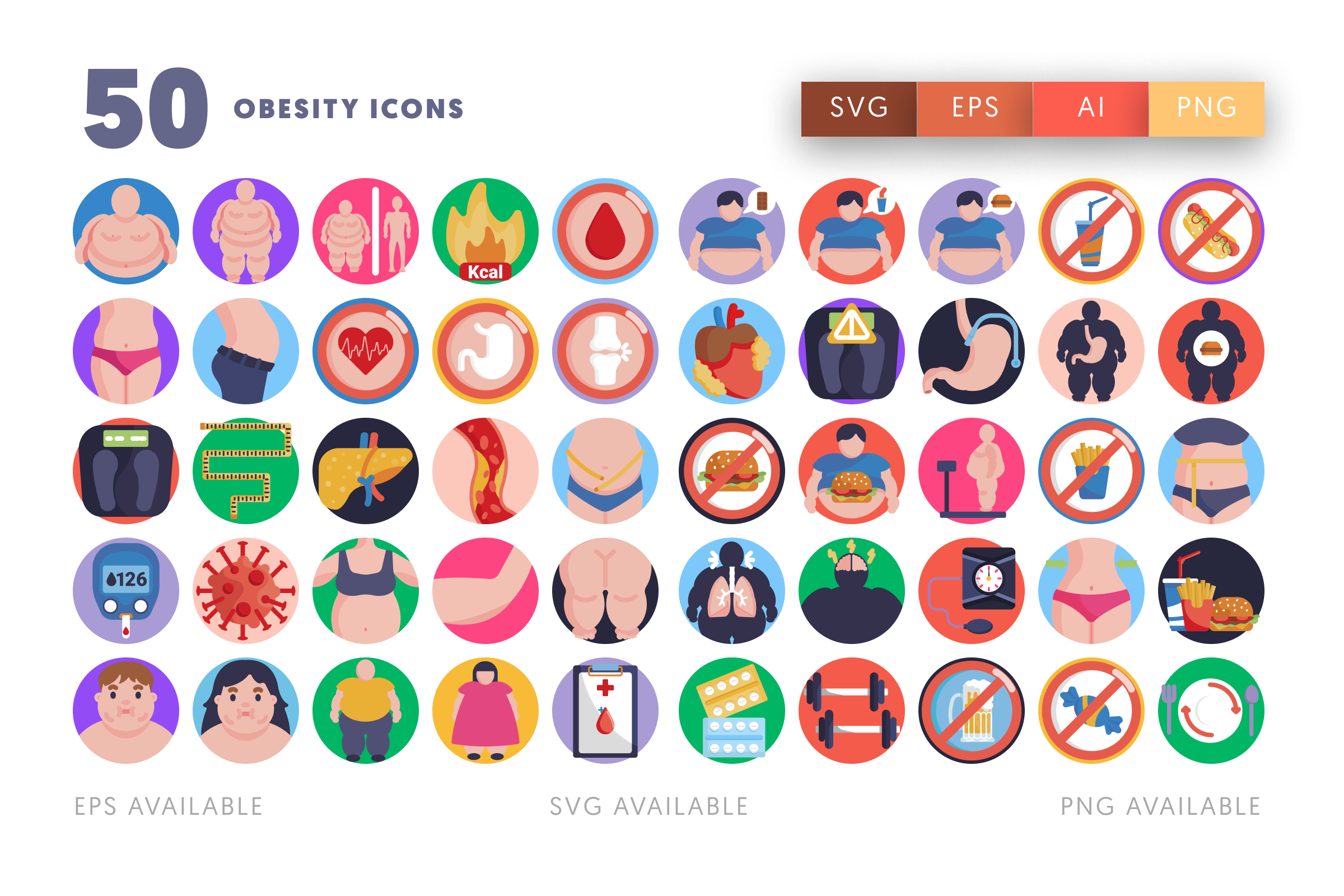 50 Obesity Icons – flat circle icon set