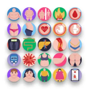 50 Obesity Icons – set of colorful flat circle icons