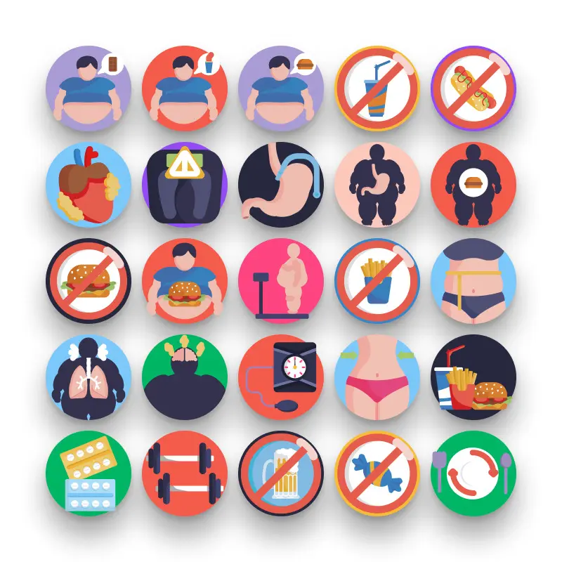50 Obesity Icons – set of colorful flat circle icons