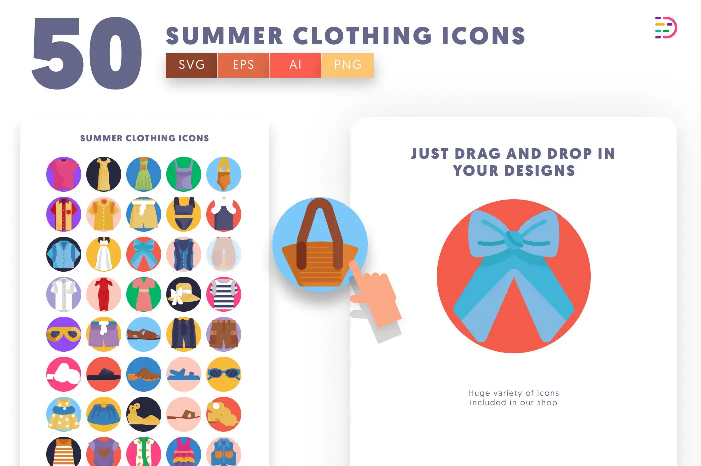 50 Summer Clothing Icons preview 1 – flat circle icons in PNG, SVG and EPS