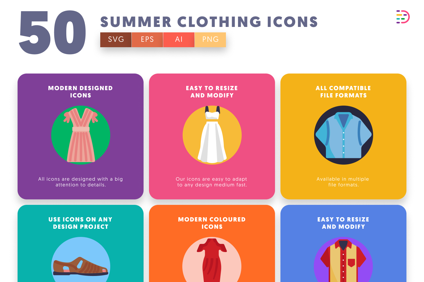 50 Summer Clothing Icons preview 5 – flat circle icons in PNG, SVG and EPS