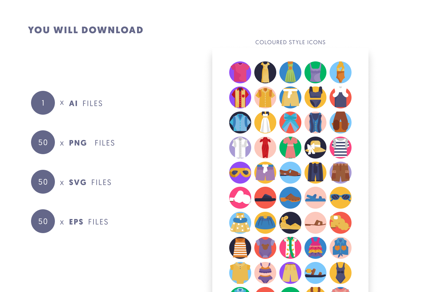 50 Summer Clothing Icons preview 9 – flat circle icons in PNG, SVG and EPS