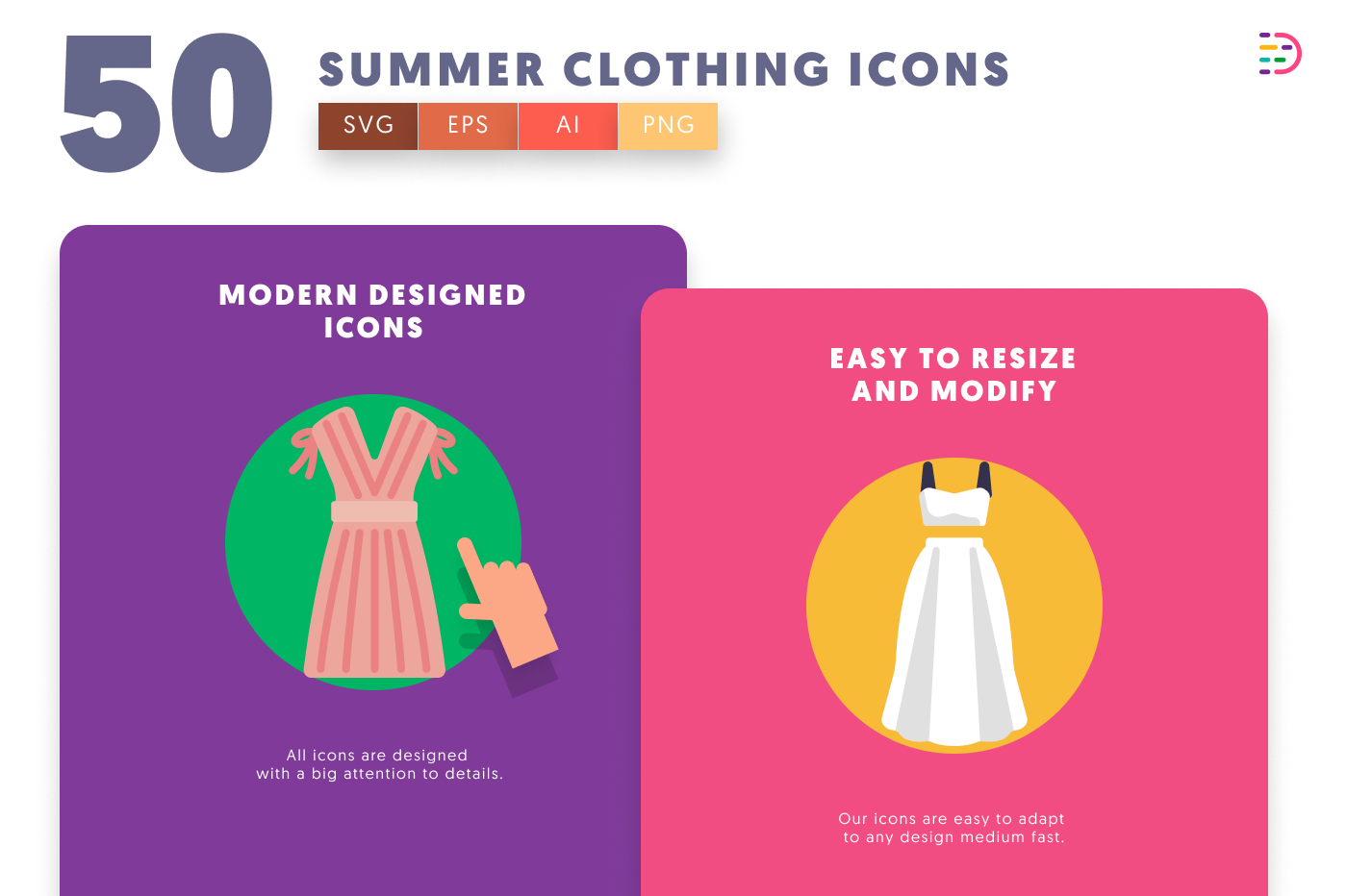50 Summer Clothing Icons cover – flat circle icons in PNG, SVG and EPS