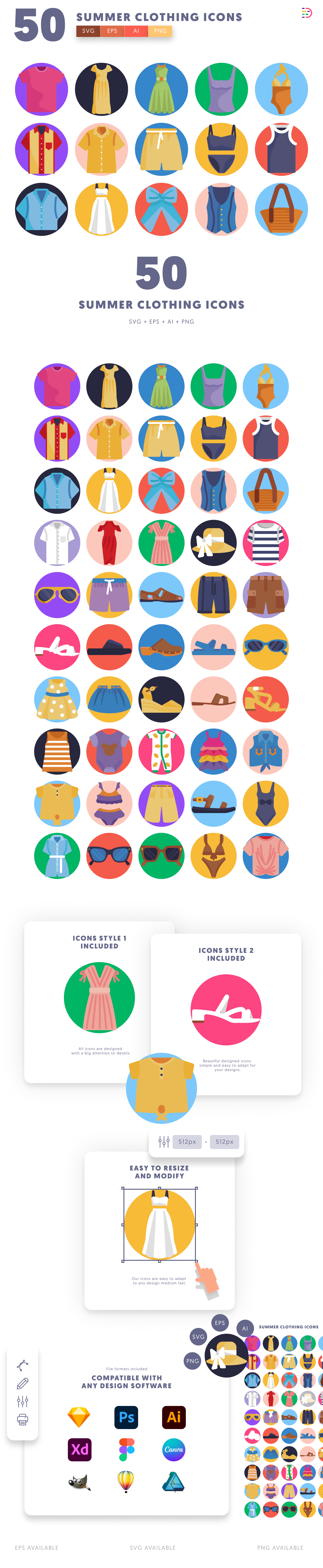 50 Summer Clothing Icons cover – flat circle icons in PNG, SVG and EPS