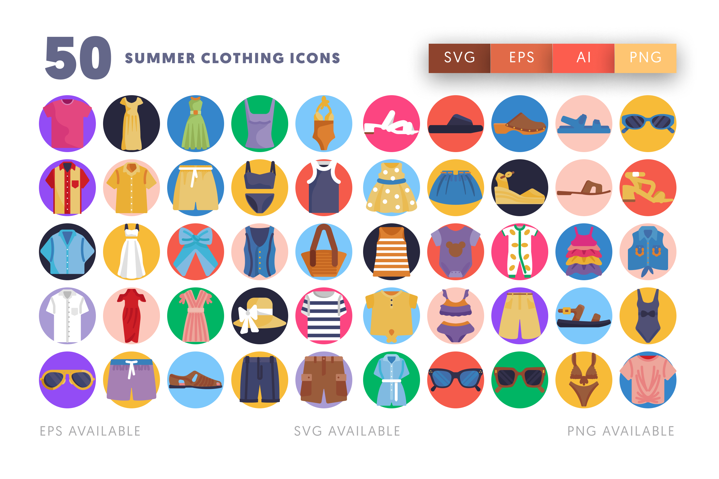 50 Summer Clothing Icons – flat circle icon set