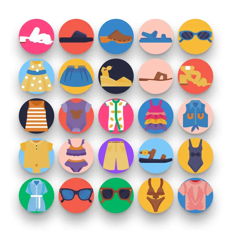 50 Summer Clothing Icons – set of colorful flat circle icons