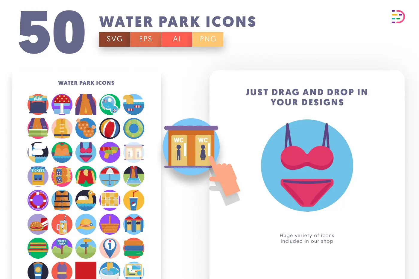 50 Water Park Icons preview 1 – flat circle icons in PNG, SVG and EPS