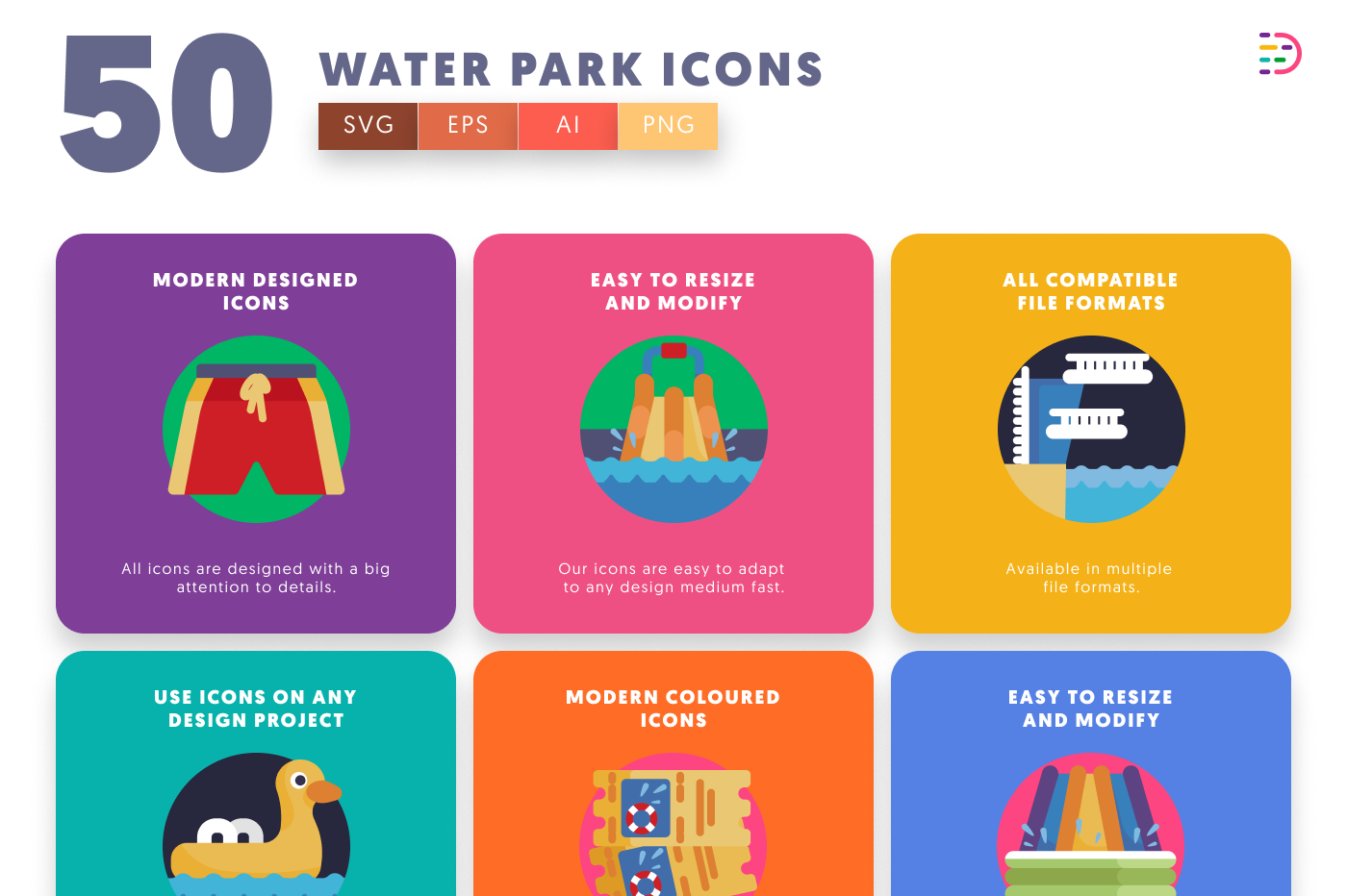 50 Water Park Icons preview 5 – flat circle icons in PNG, SVG and EPS