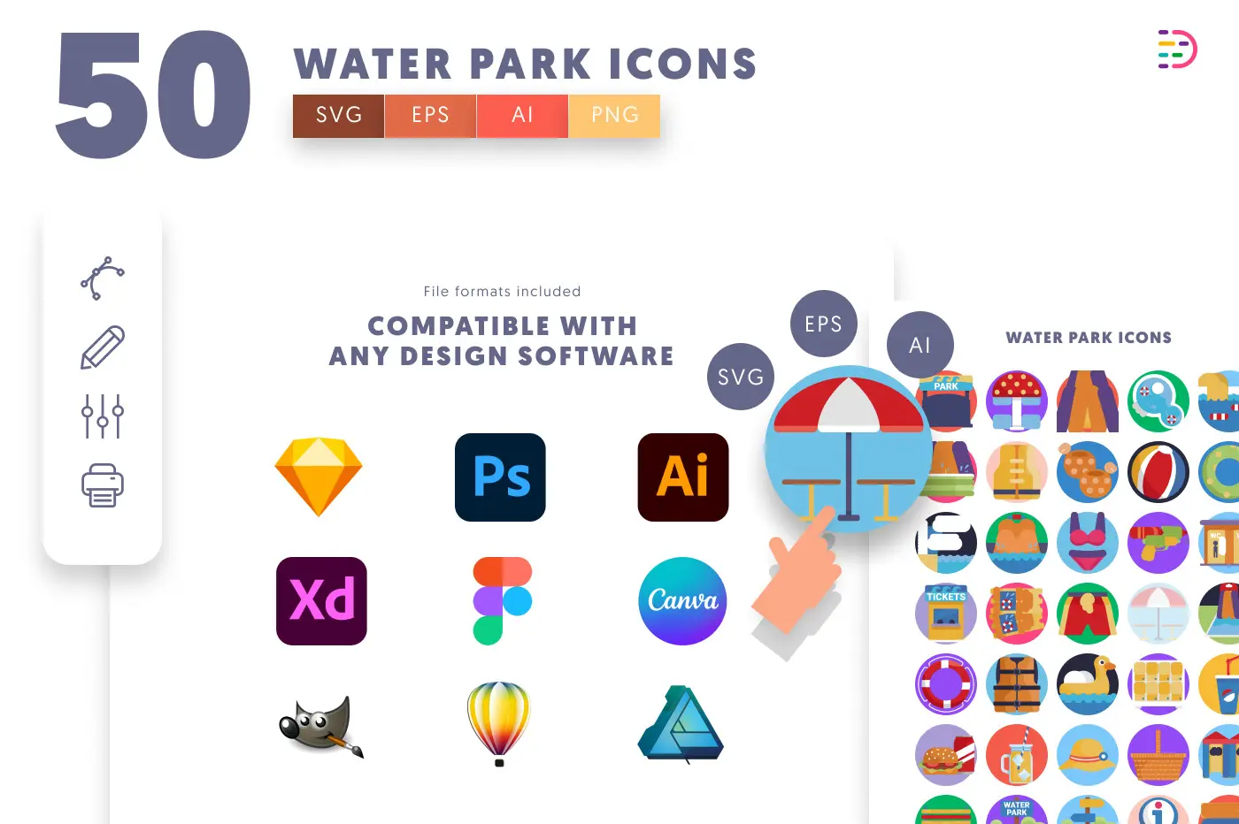50 Water Park Icons preview 8 – flat circle icons in PNG, SVG and EPS