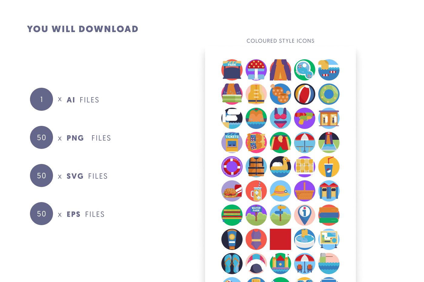 50 Water Park Icons preview 9 – flat circle icons in PNG, SVG and EPS