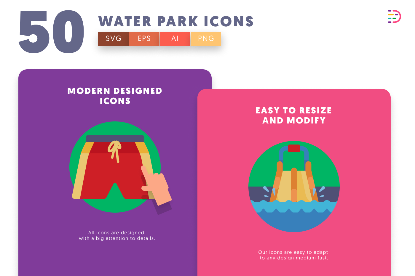 50 Water Park Icons cover – flat circle icons in PNG, SVG and EPS