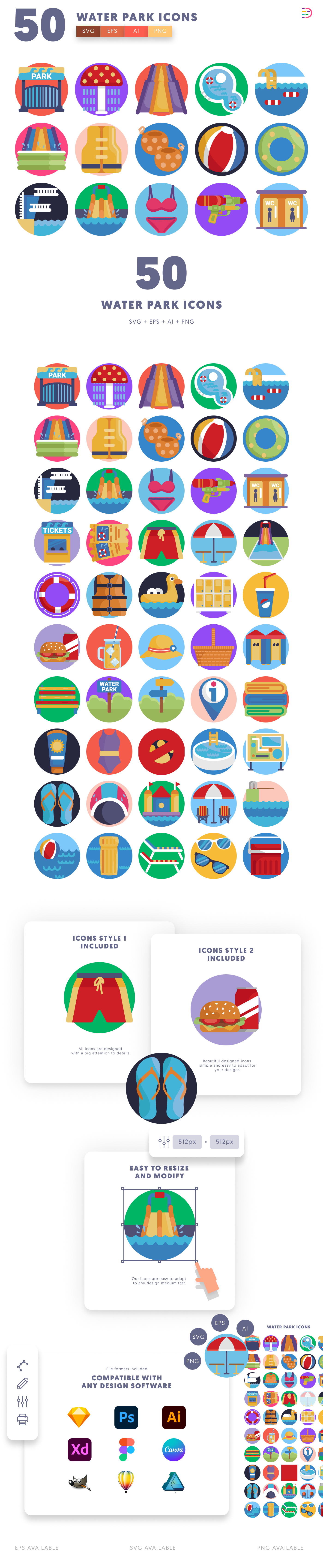 50 Water Park Icons cover – flat circle icons in PNG, SVG and EPS