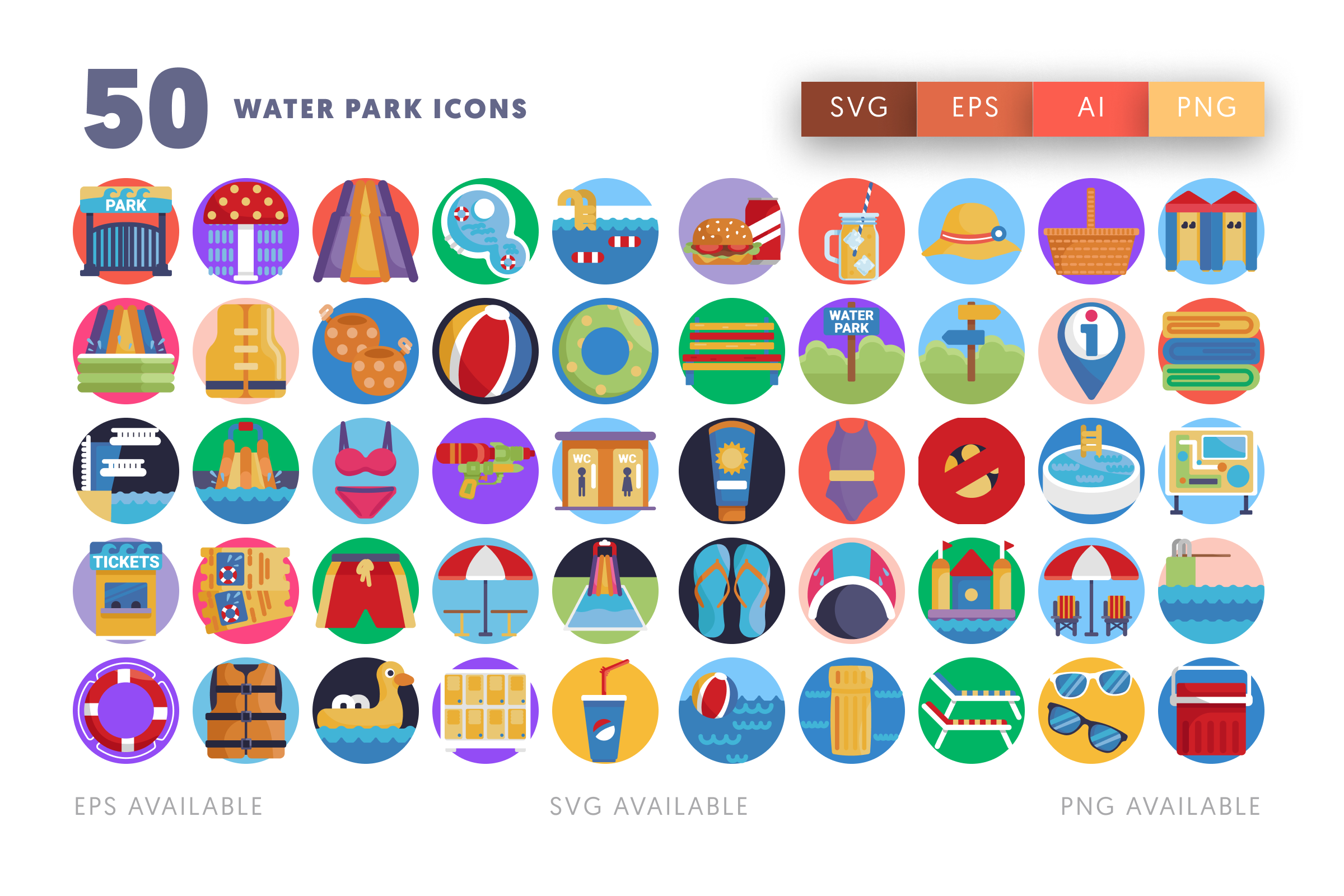 50 Water Park Icons – flat circle icon set