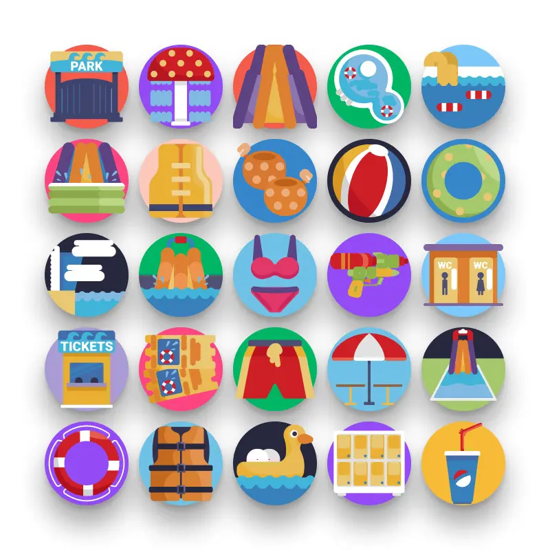50 Water Park Icons – set of colorful flat circle icons