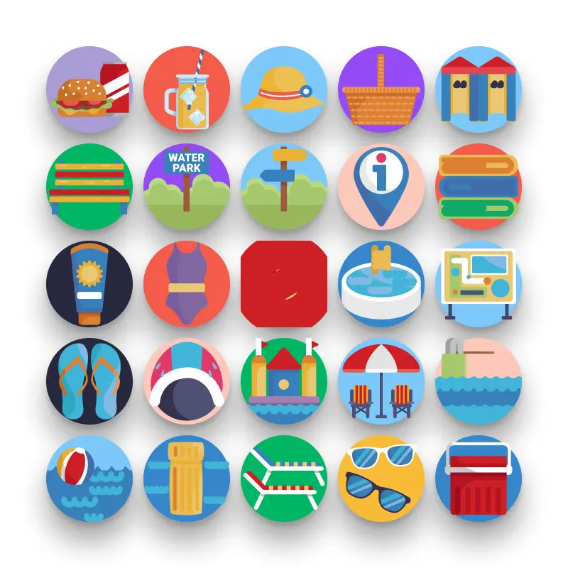 50 Water Park Icons – set of colorful flat circle icons