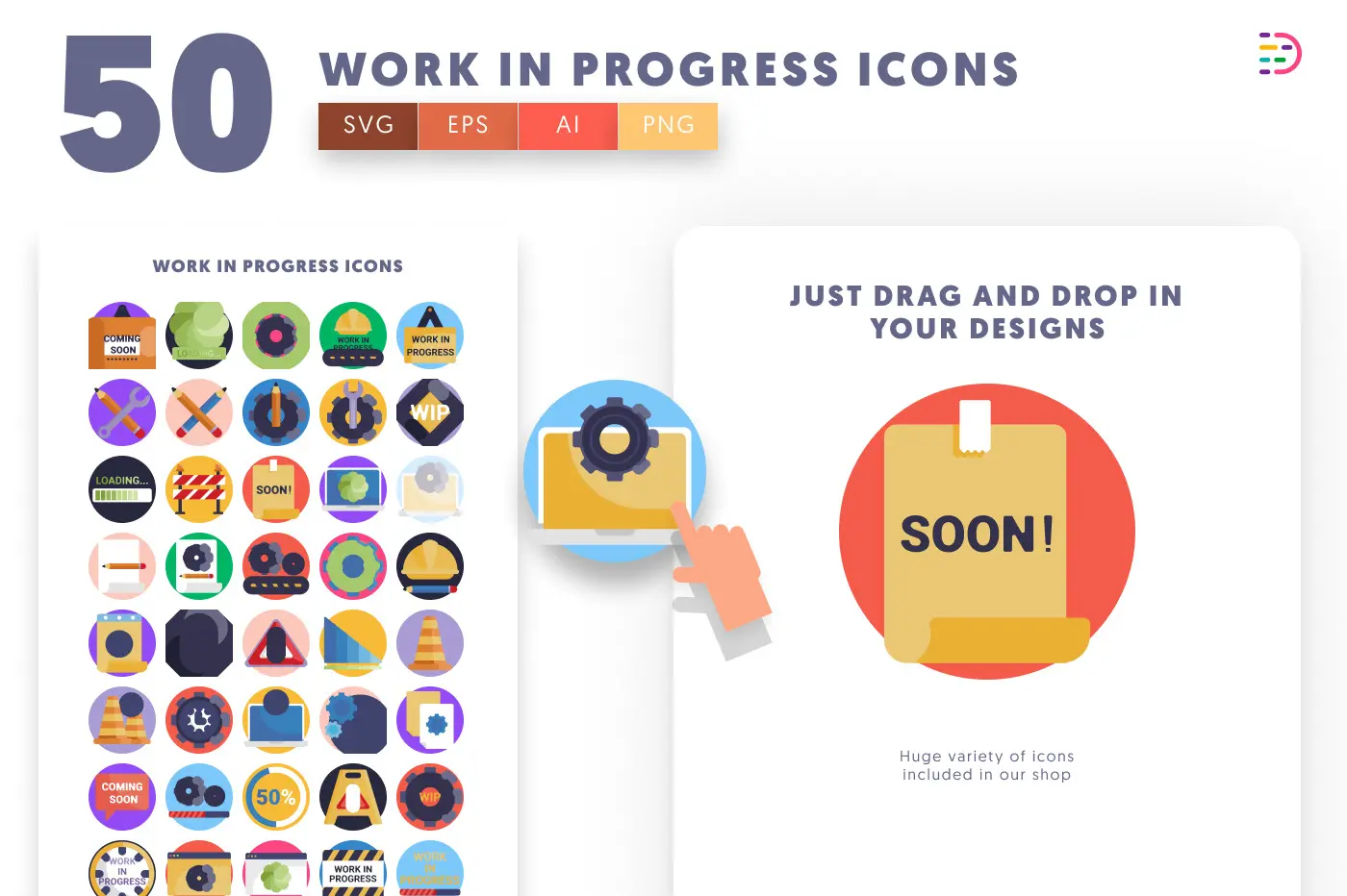 50 Work in Progress Icons preview 1 – flat circle icons in PNG, SVG and EPS
