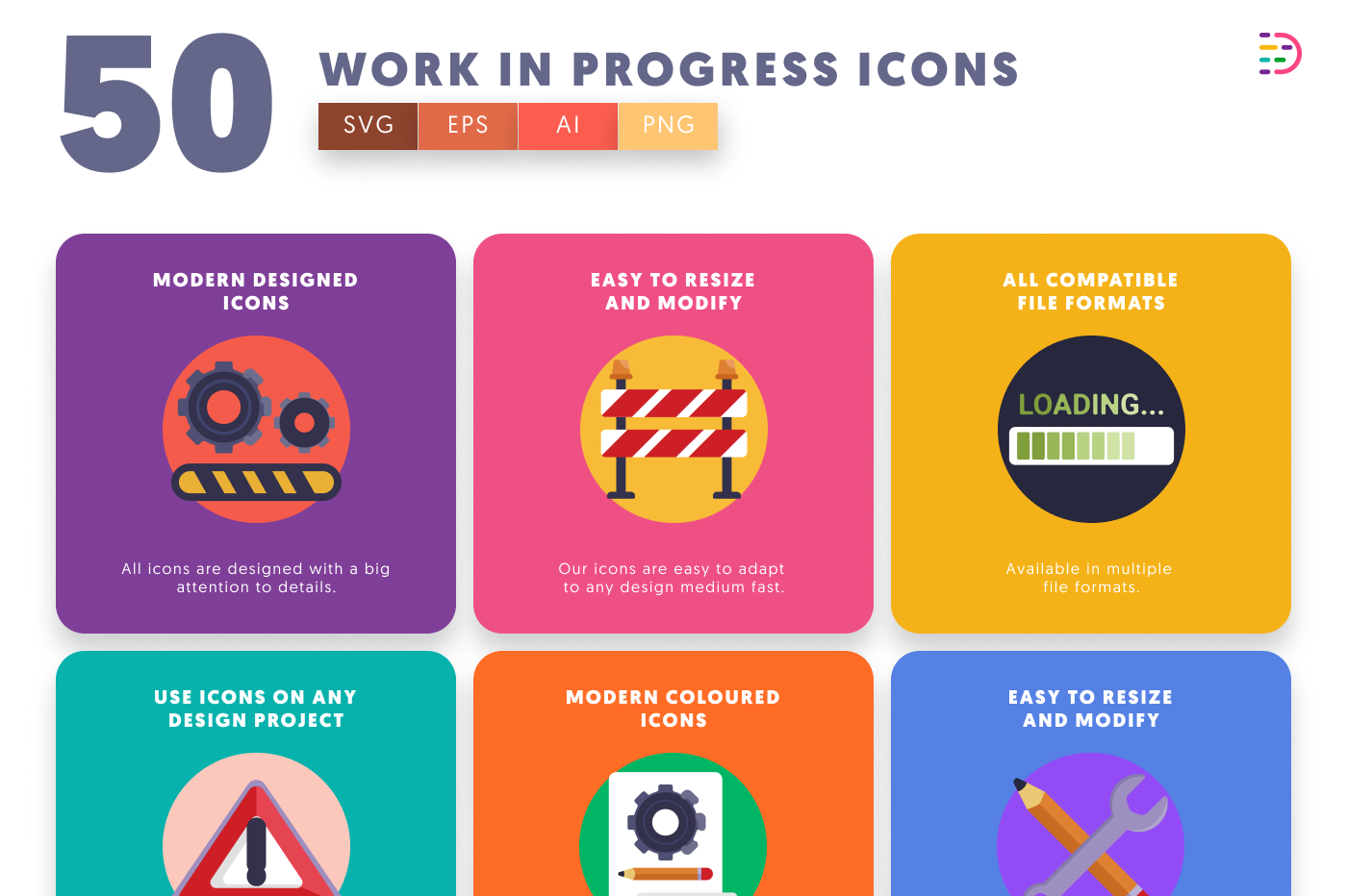 50 Work in Progress Icons preview 5 – flat circle icons in PNG, SVG and EPS