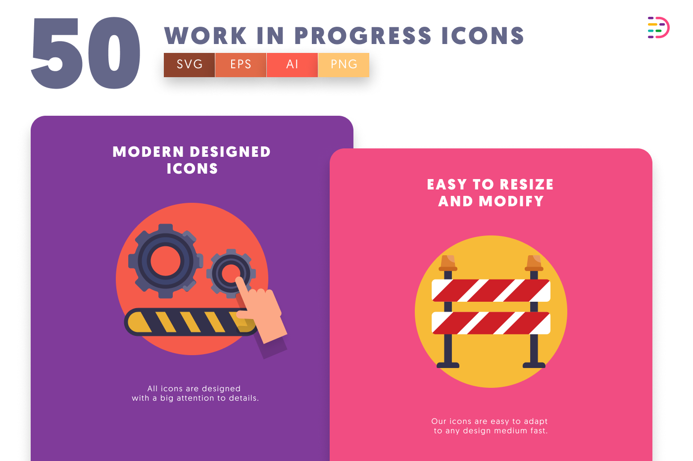 50 Work in Progress Icons cover – flat circle icons in PNG, SVG and EPS