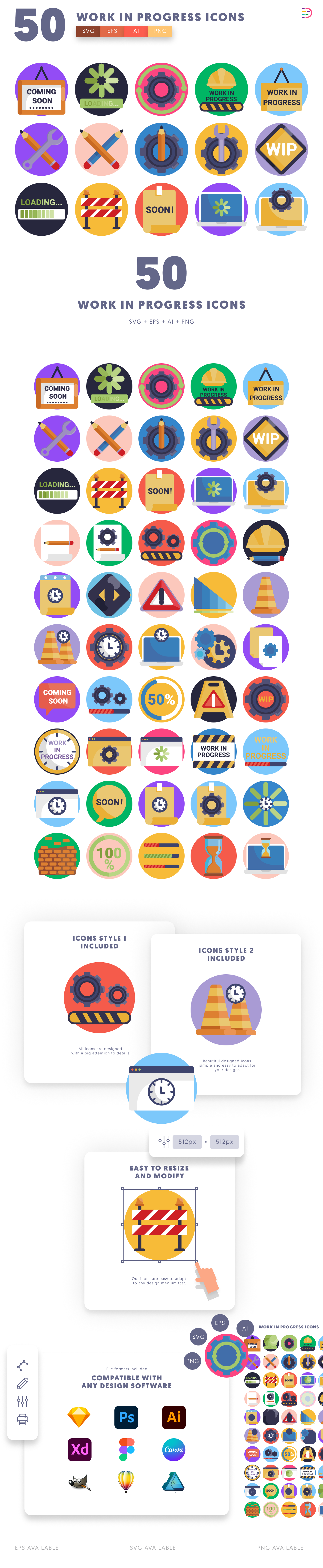 50 Work in Progress Icons cover – flat circle icons in PNG, SVG and EPS