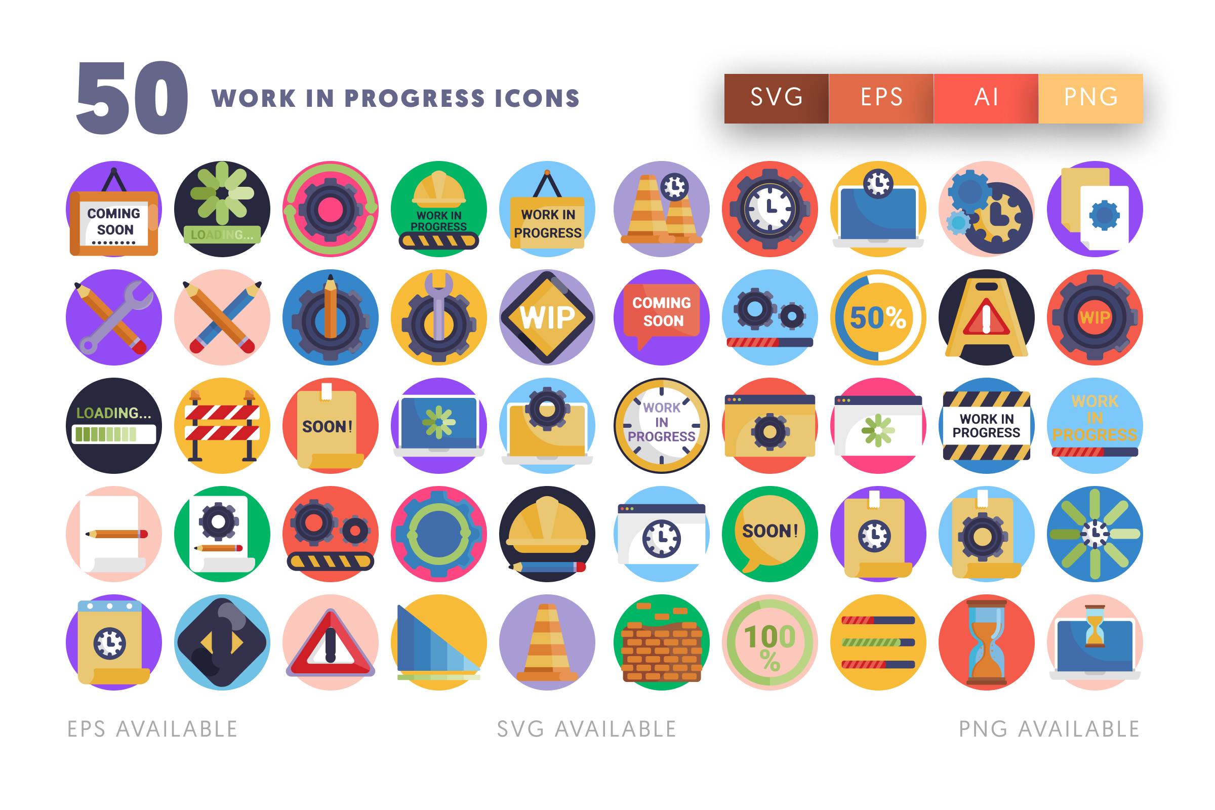 50 Work in Progress Icons – flat circle icon set