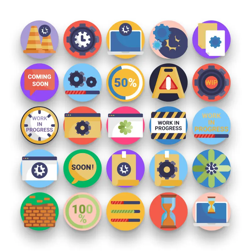 50 Work in Progress Icons – set of colorful flat circle icons