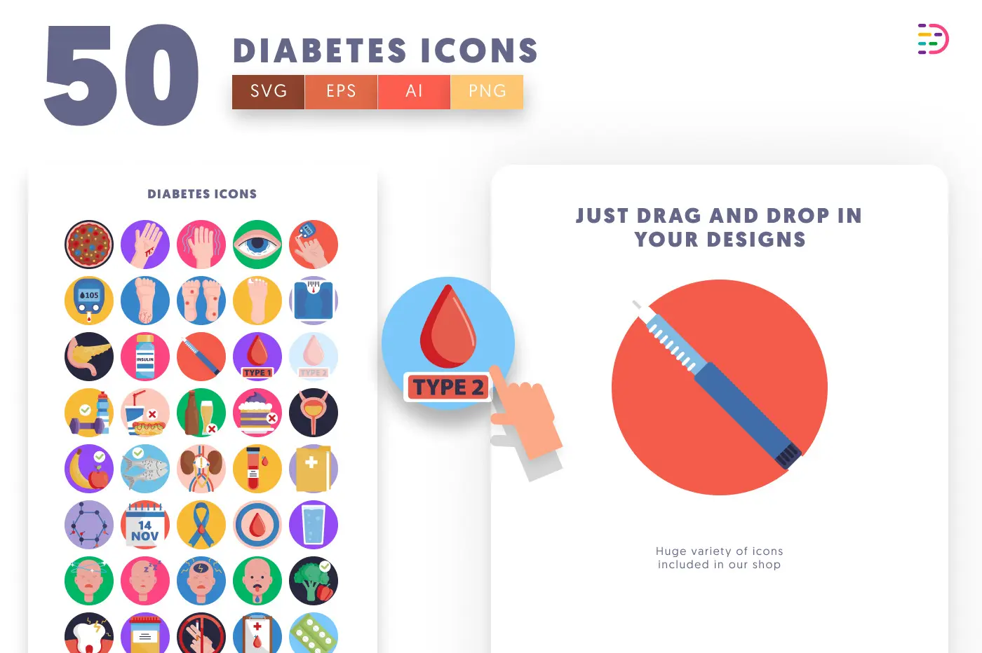 50 Diabetes Icons preview 1 – flat circle icons in PNG, SVG and EPS