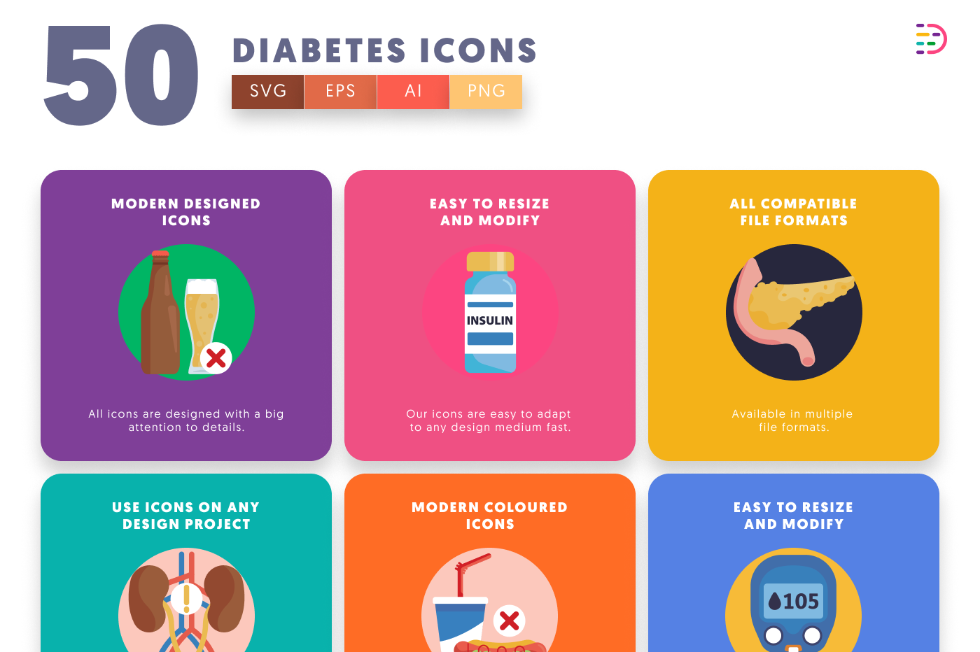 50 Diabetes Icons preview 5 – flat circle icons in PNG, SVG and EPS