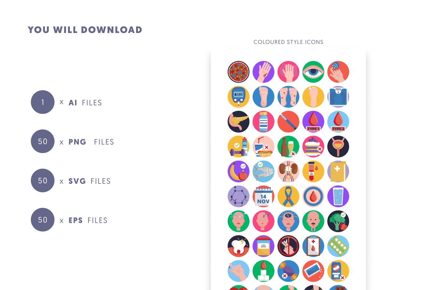 50 Diabetes Icons preview 9 – flat circle icons in PNG, SVG and EPS