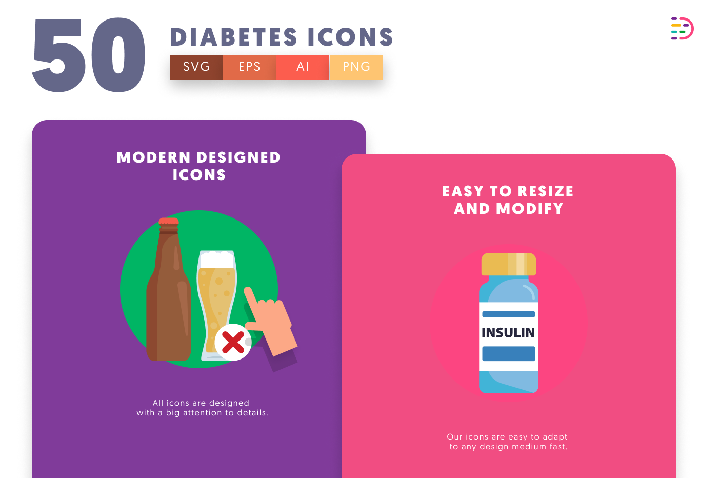 50 Diabetes Icons cover – flat circle icons in PNG, SVG and EPS