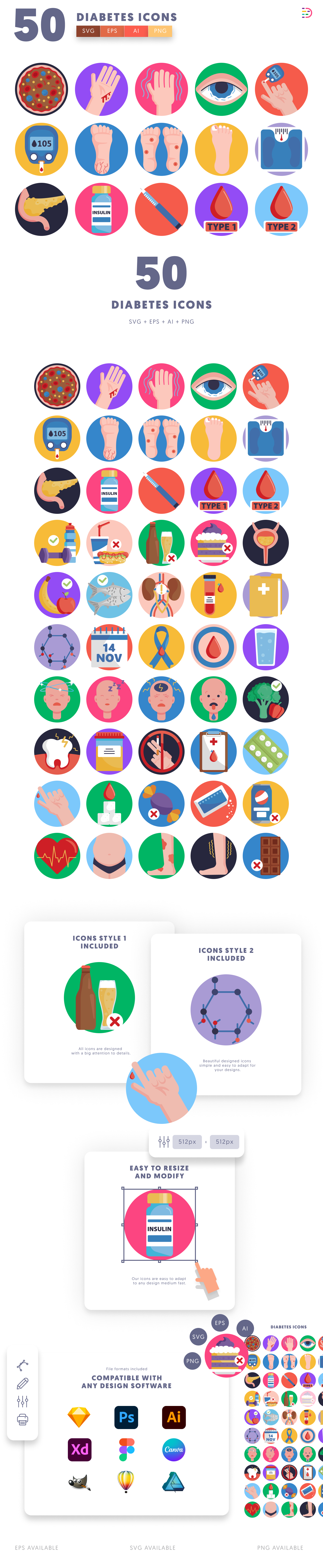 50 Diabetes Icons cover – flat circle icons in PNG, SVG and EPS