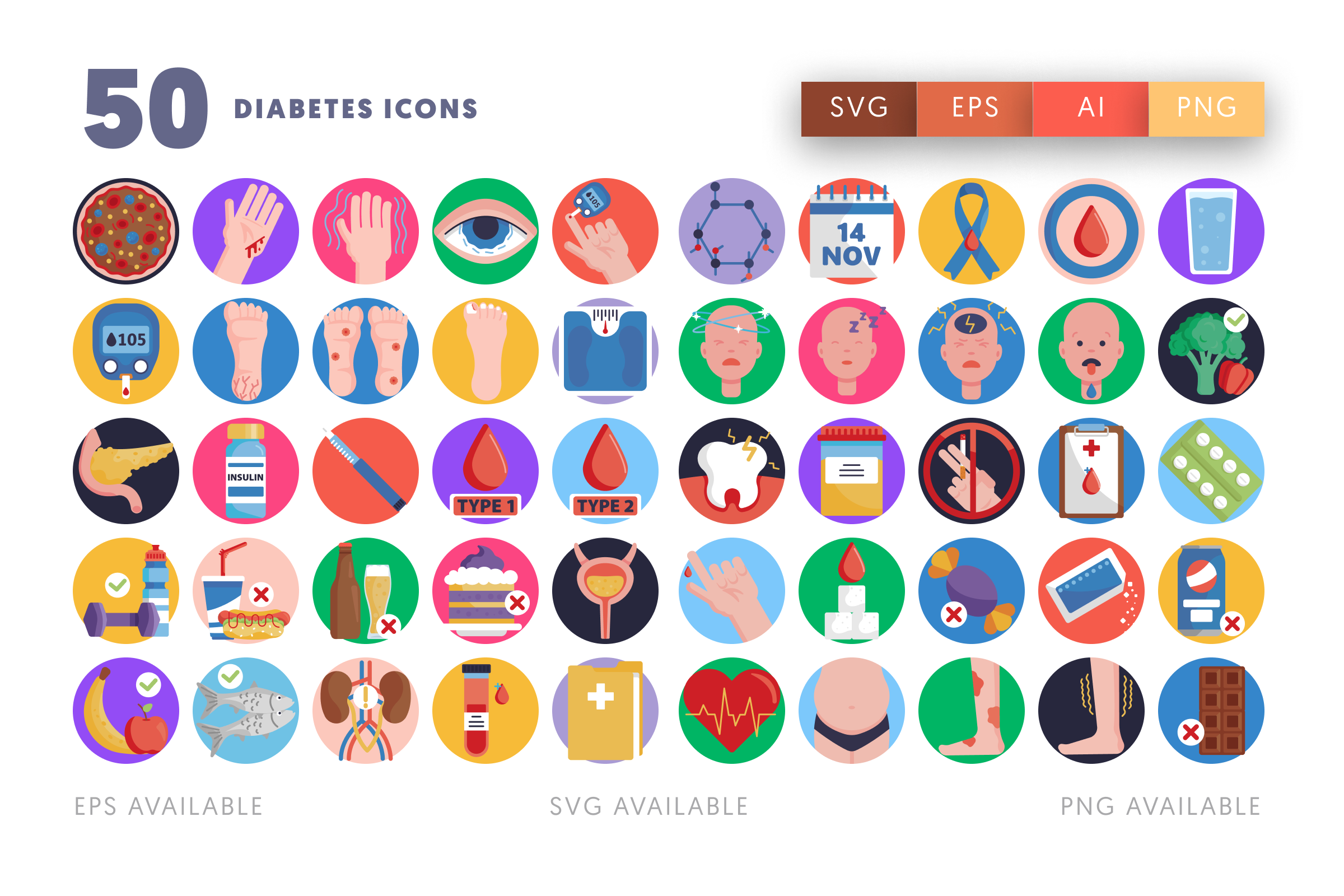 50 Diabetes Icons – flat circle icon set