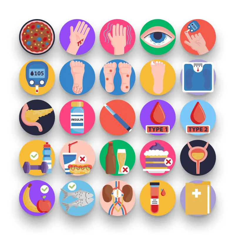 50 Diabetes Icons – set of colorful flat circle icons