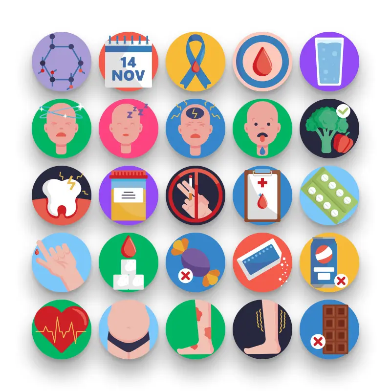 50 Diabetes Icons – set of colorful flat circle icons