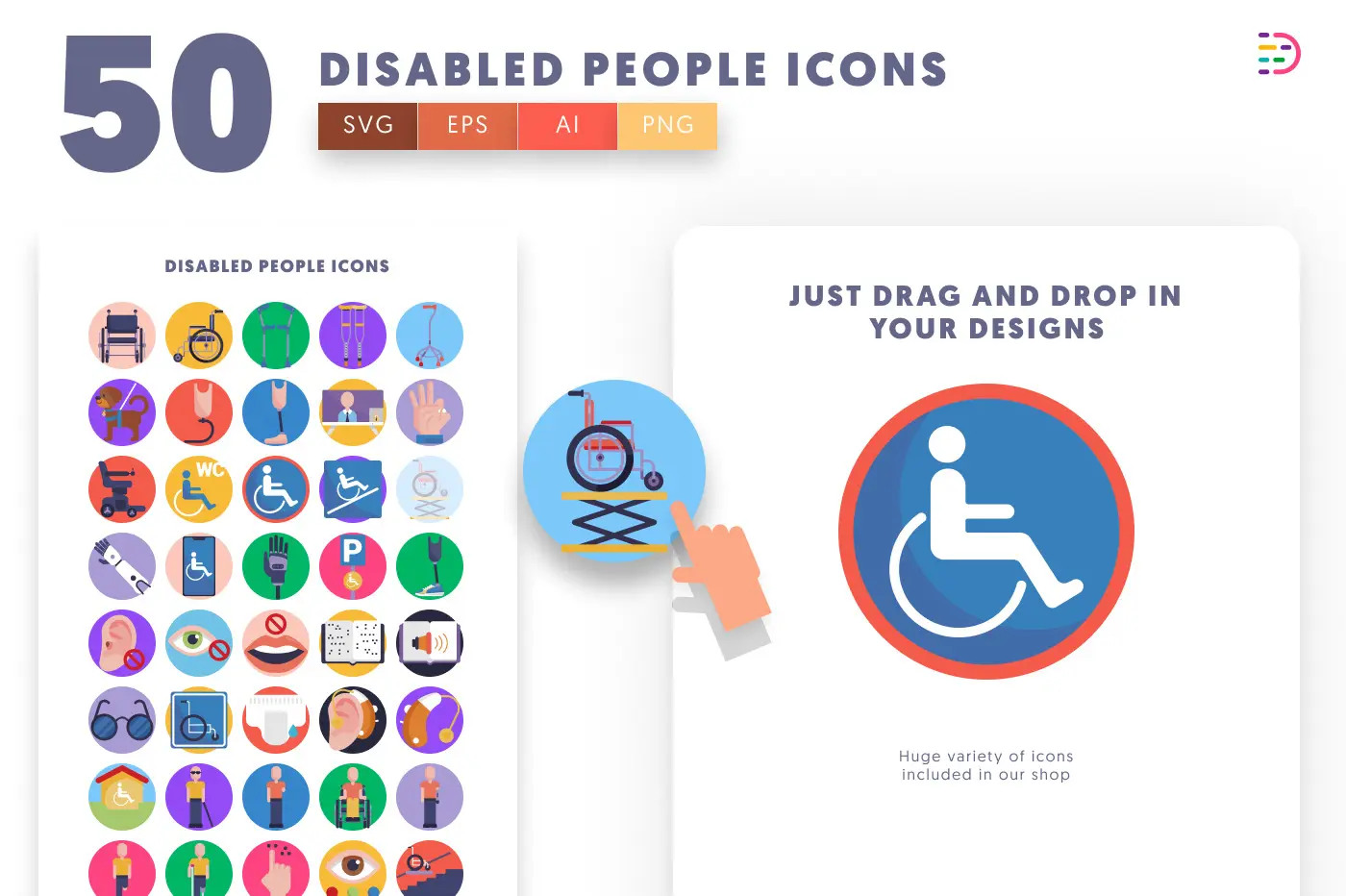 50 Disabled People Icons preview 1 – flat circle icons in PNG, SVG and EPS