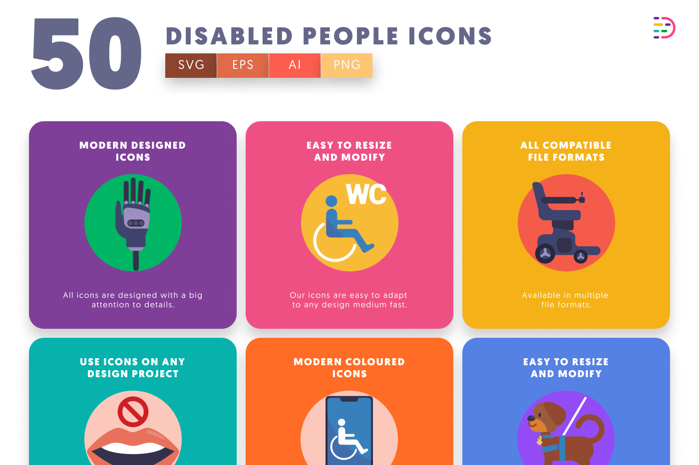 50 Disabled People Icons preview 5 – flat circle icons in PNG, SVG and EPS