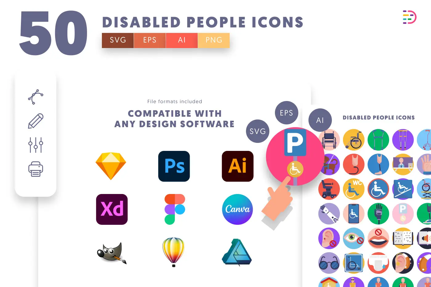 50 Disabled People Icons preview 8 – flat circle icons in PNG, SVG and EPS
