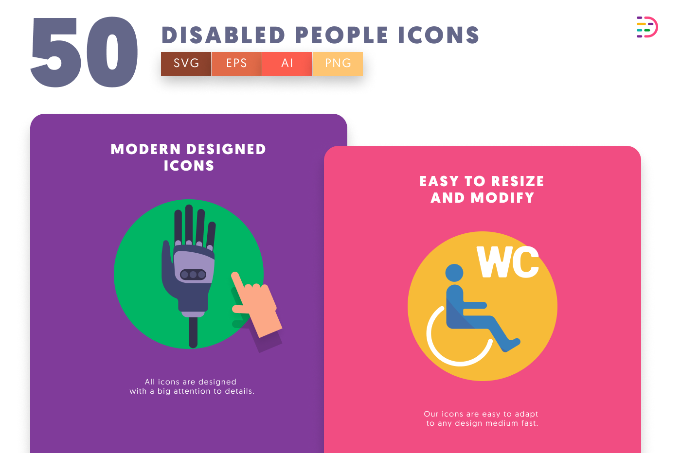 50 Disabled People Icons cover – flat circle icons in PNG, SVG and EPS