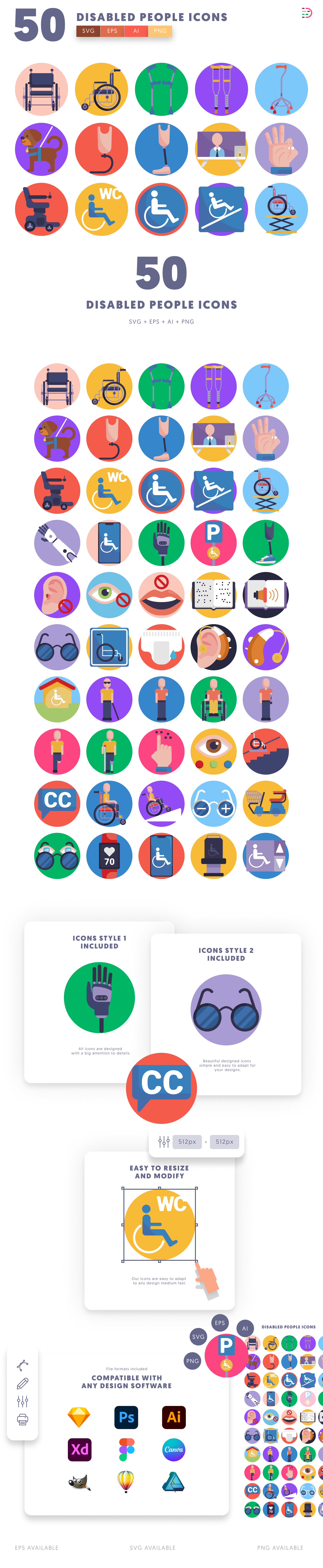50 Disabled People Icons cover – flat circle icons in PNG, SVG and EPS