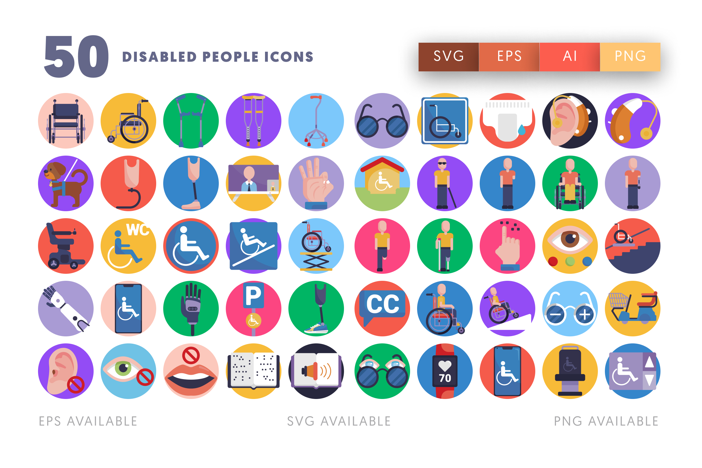 50 Disabled People Icons – flat circle icon set