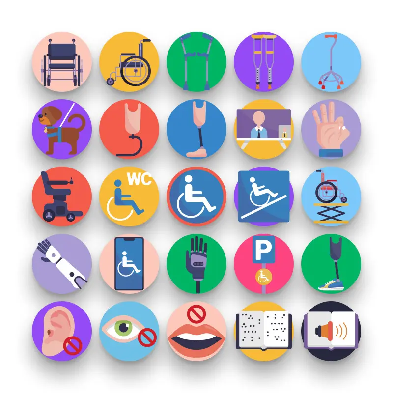 50 Disabled People Icons – set of colorful flat circle icons