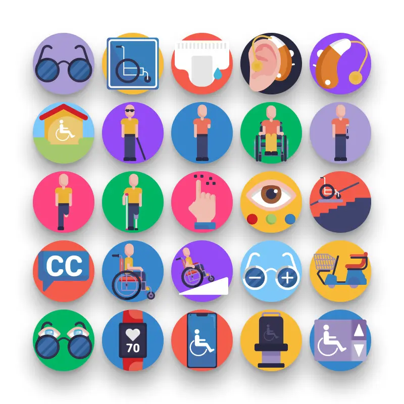 50 Disabled People Icons – set of colorful flat circle icons