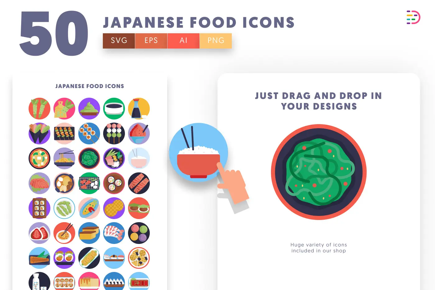50 Japanese Food Icons preview 1 – flat circle icons in PNG, SVG and EPS