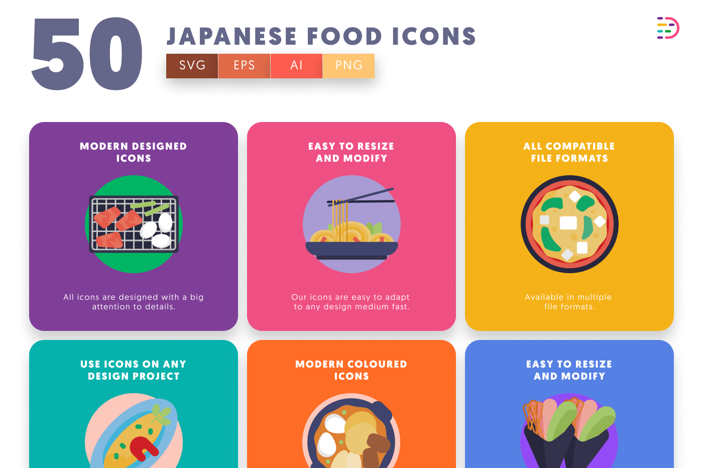 50 Japanese Food Icons preview 5 – flat circle icons in PNG, SVG and EPS