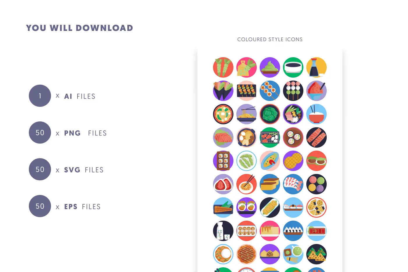 50 Japanese Food Icons preview 9 – flat circle icons in PNG, SVG and EPS