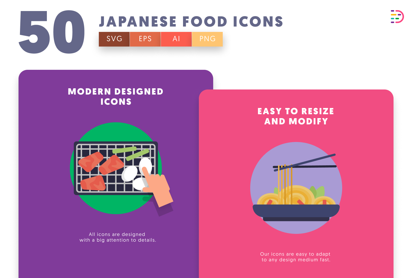 50 Japanese Food Icons cover – flat circle icons in PNG, SVG and EPS
